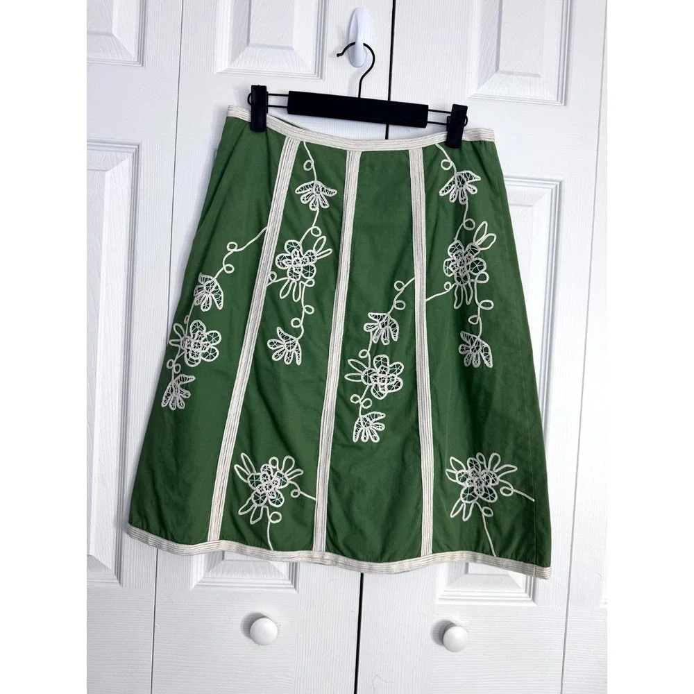 IPSA Anthropologie Floral Embroidered A-Line Skirt Women 4 Green 100% Cotton Y2K